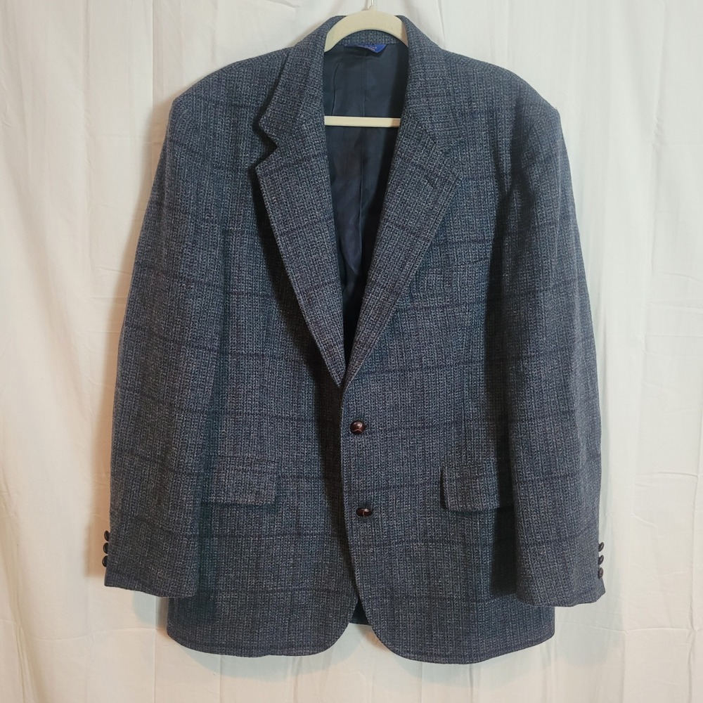 Pendleton Mens 44 Long Virgin Wool Blazer Blue Grey Plaid Sport Coat USA Made